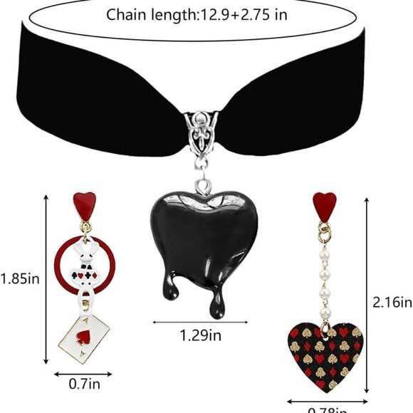 Queen of Hearts Jewelry Set Necklace Earrings Costume Accessory Holiday - Picture 2 of 5